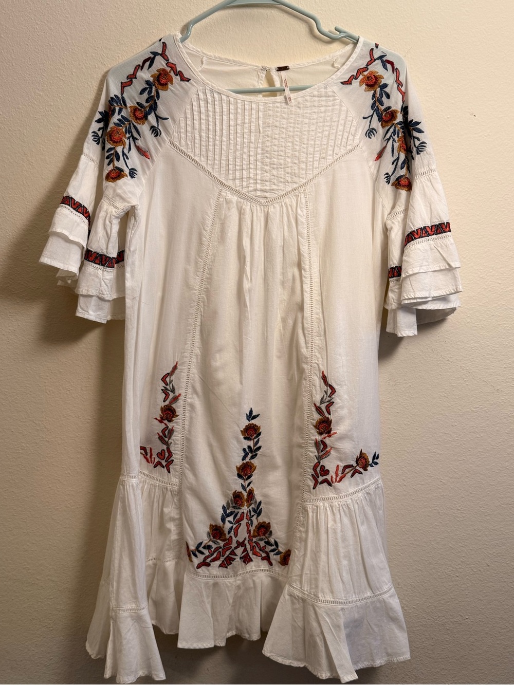 Free People White Embroidered Midi Dress with Multicolor Floral Accents